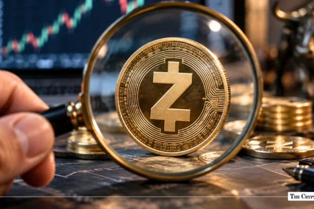 A magnifying glass focused on a physical gold Zcash coin with trading charts and a bronze bull statue in the background.