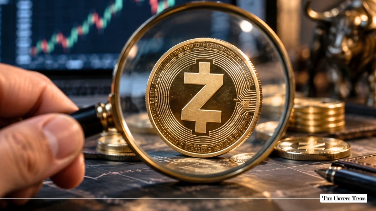 A magnifying glass focused on a physical gold Zcash coin with trading charts and a bronze bull statue in the background.