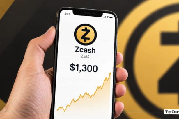 A hand holding a smartphone showing Zcash (ZEC) priced at $1,300 with an upward chart.