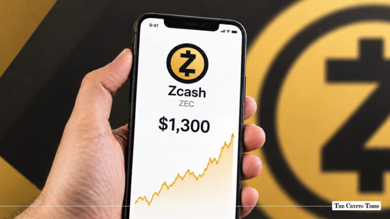 A hand holding a smartphone showing Zcash (ZEC) priced at $1,300 with an upward chart.