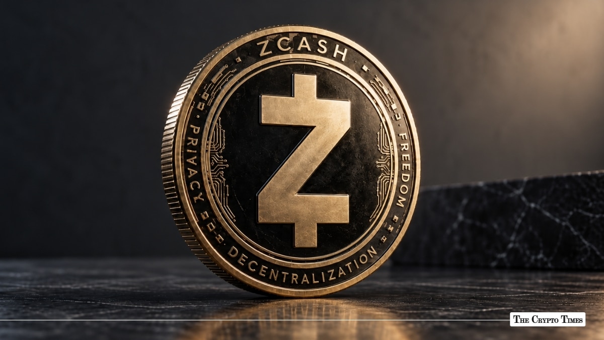 Zcash ZEC cryptocurrency gold coin engraved with Privacy, Freedom, and Decentralization