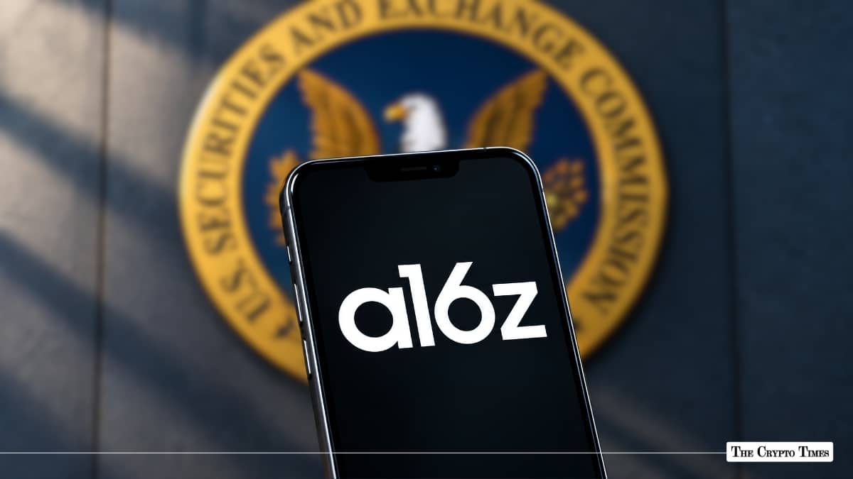 Smartphone displaying Andreessen Horowitz a16z logo in front of the U.S. Securities and Exchange Commission seal
