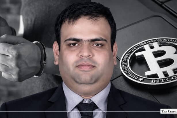 Split image featuring Amit Lakhanpal in a dark suit next to a silver Bitcoin physical coin, with handcuffed hands shown in black-and-white in the background