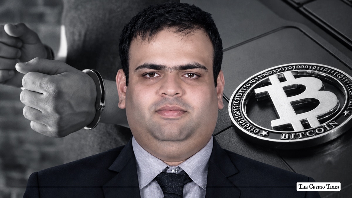 Split image featuring Amit Lakhanpal in a dark suit next to a silver Bitcoin physical coin, with handcuffed hands shown in black-and-white in the background