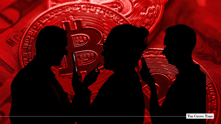Dark red composition featuring silhouetted people holding smartphones against a backdrop of giant red physical Bitcoin coins