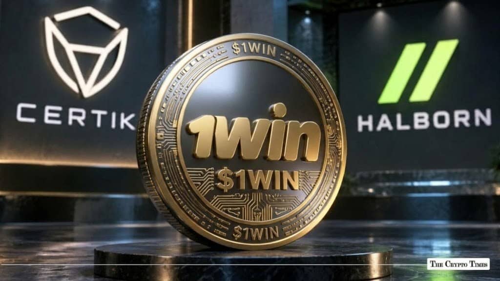 Physical 1WIN token coin centered in front of CertiK and Halborn cybersecurity logos.