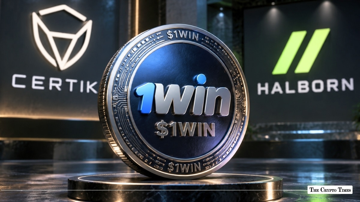 $1WIN token coin standing in front of CertiK and Halborn logos