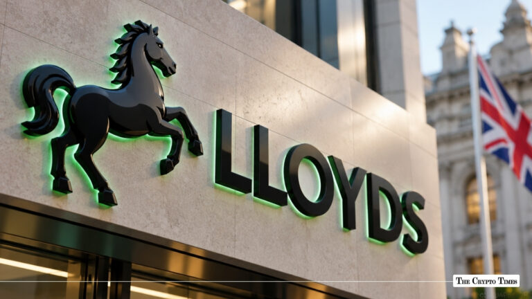 Lloyds Bank signage with black horse logo on stone facade representing UK tokenized deposit and blockchain initiatives