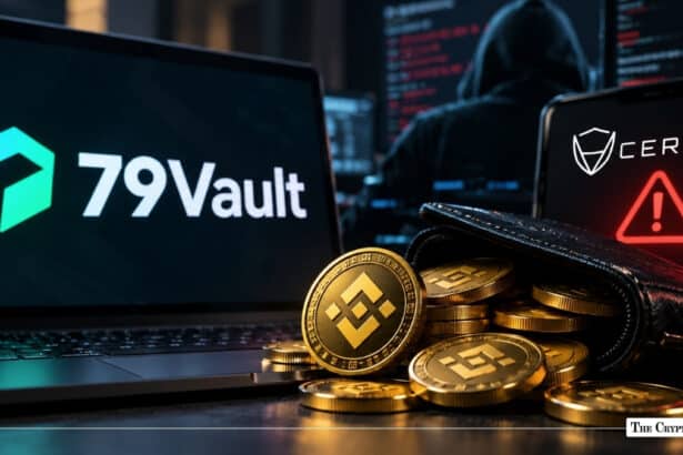 Laptop screen displaying 79Vault logo next to BNB coins spilling from a wallet and a phone showing a CertiK warning symbol