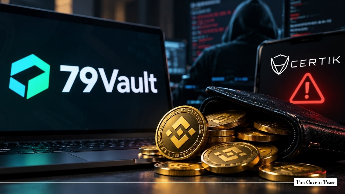 Laptop screen displaying 79Vault logo next to BNB coins spilling from a wallet and a phone showing a CertiK warning symbol