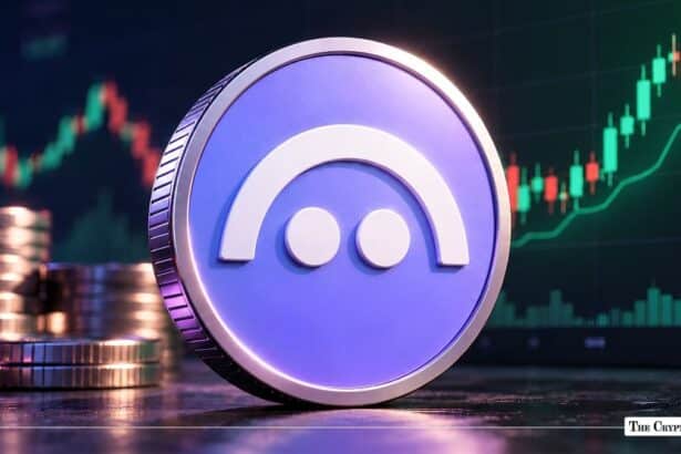 Purple Aave AAVE cryptocurrency token coin set against a rising green financial candlestick chart