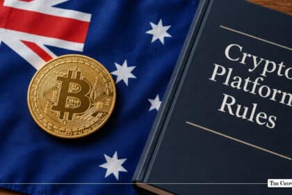 Gold Bitcoin coin on the Australian flag next to a Crypto Platform Rules book