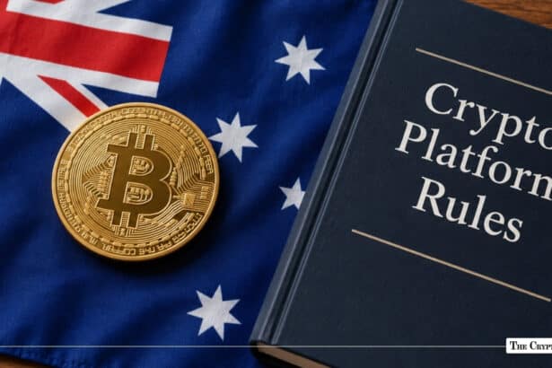 Gold Bitcoin coin on the Australian flag next to a Crypto Platform Rules book