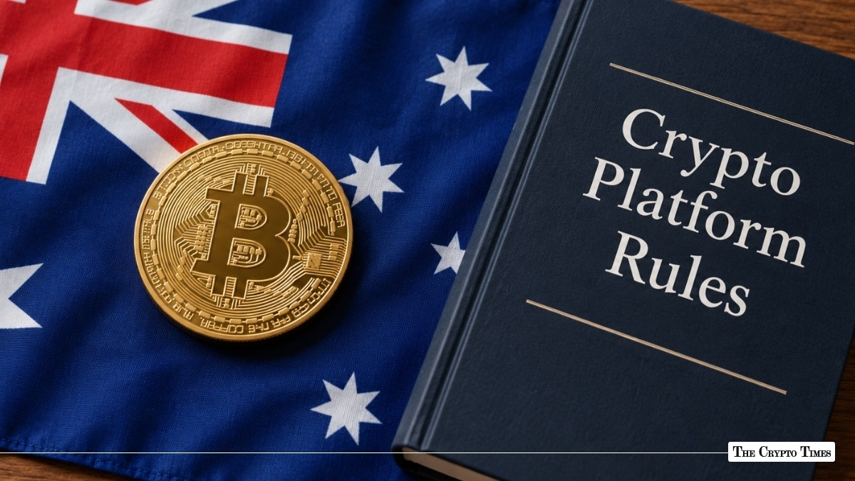 Gold Bitcoin coin on the Australian flag next to a Crypto Platform Rules book