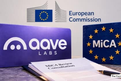 Aave Labs and MiCA regulation logos with a MiCA Review Consultation document under European Commission oversight