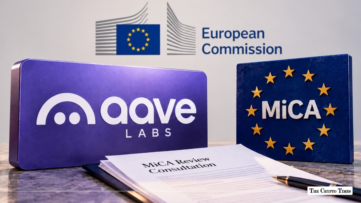 Aave Labs and MiCA regulation logos with a MiCA Review Consultation document under European Commission oversight