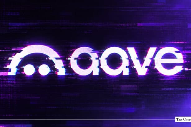 Glowing Aave logo with digital glitch effect set against a dark purple background