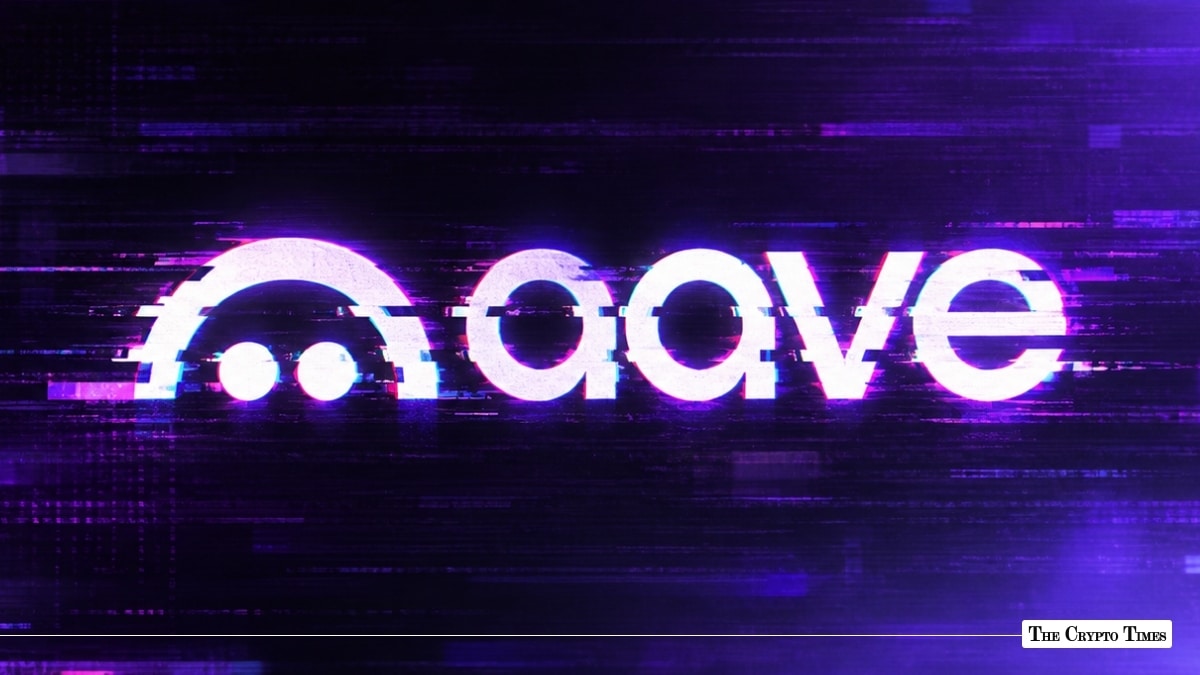 Glowing Aave logo with digital glitch effect set against a dark purple background