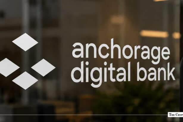 Anchorage Digital Bank logo printed on a glass office door
