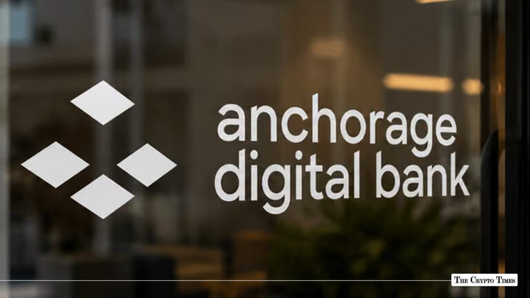 Anchorage Digital Bank logo printed on a glass office door
