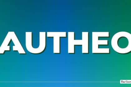 White Autheo logo centered on a teal and blue gradient background