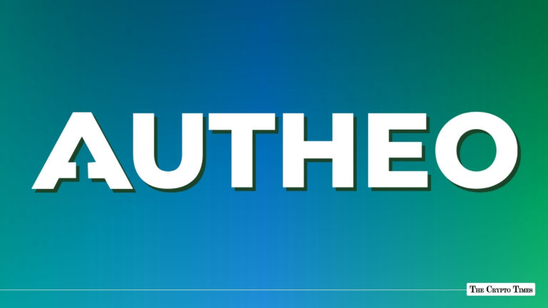 White Autheo logo centered on a teal and blue gradient background
