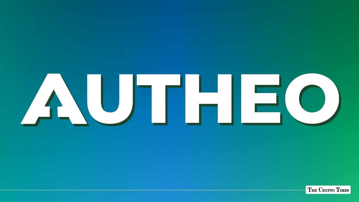 White Autheo logo centered on a teal and blue gradient background