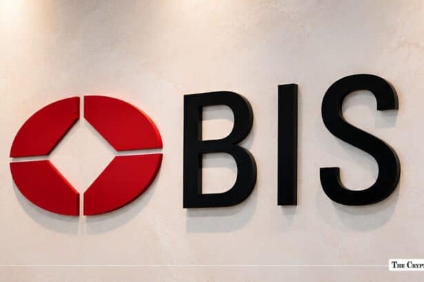 Bank for International Settlements (BIS) logo and wordmark mounted on a wall.