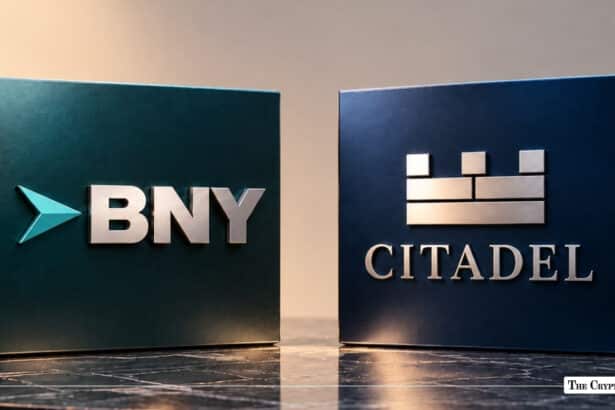 BNY logo displayed alongside the Citadel logo on metallic corporate display blocks