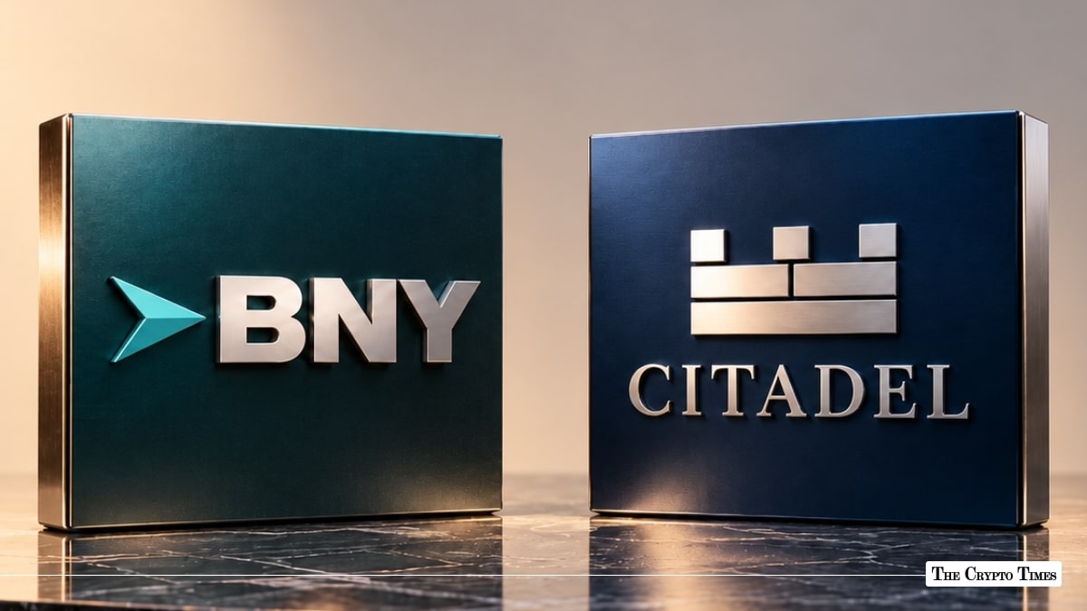 BNY logo displayed alongside the Citadel logo on metallic corporate display blocks