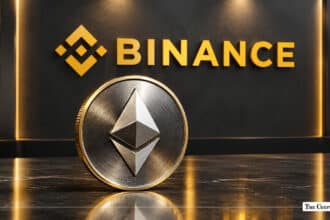 Silver Ethereum ETH coin in front of a Binance corporate wall logo
