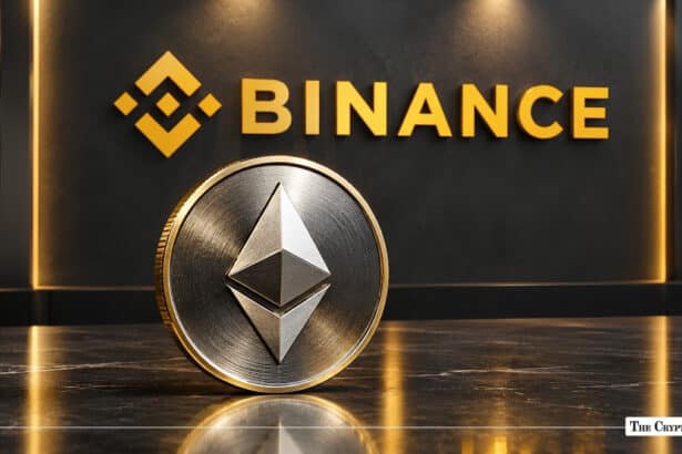 Silver Ethereum ETH coin in front of a Binance corporate wall logo