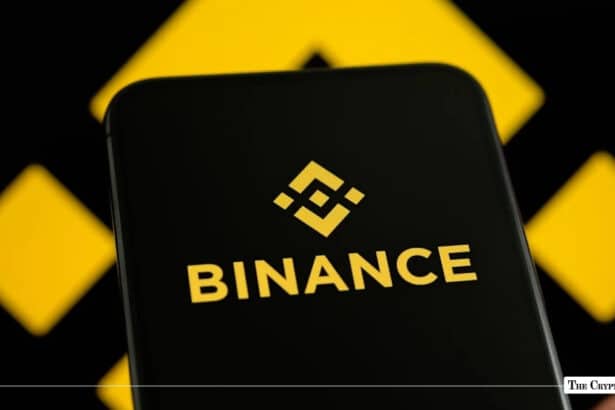 Smartphone screen displaying the yellow Binance logo and wordmark against a blurred geometric background