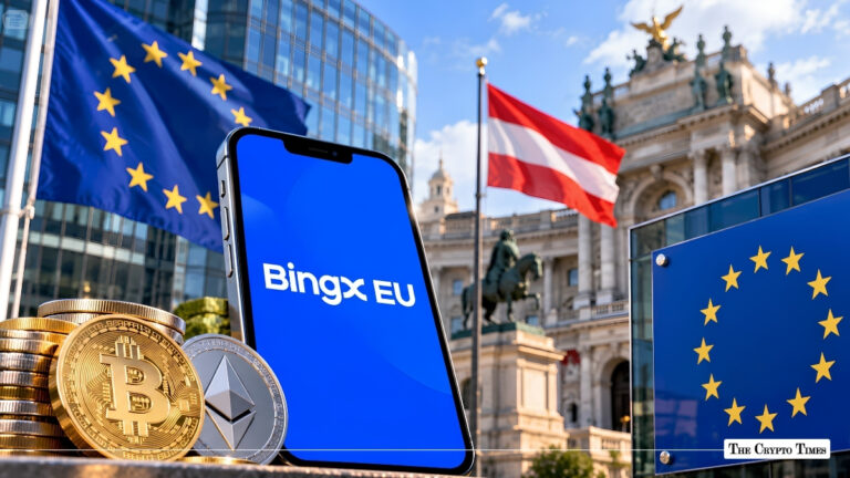 BingX EU app displayed on a smartphone screen against the Austrian flag and European Union flag.