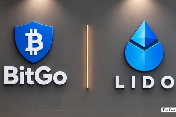 BitGo and Lido logos mounted side-by-side on an office wall.