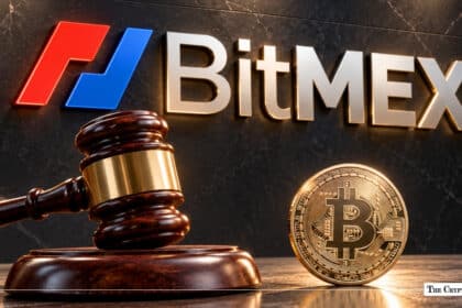Wooden gavel and gold Bitcoin coin in front of a BitMEX logo