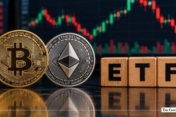 Physical Bitcoin and Ethereum coins standing beside wooden blocks spelling ETF.