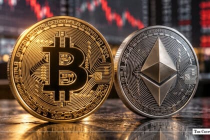 Physical gold Bitcoin (BTC) and silver Ethereum (ETH) coins standing side by side against a financial chart background