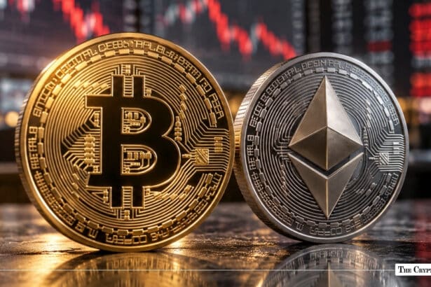 Physical gold Bitcoin (BTC) and silver Ethereum (ETH) coins standing side by side against a financial chart background