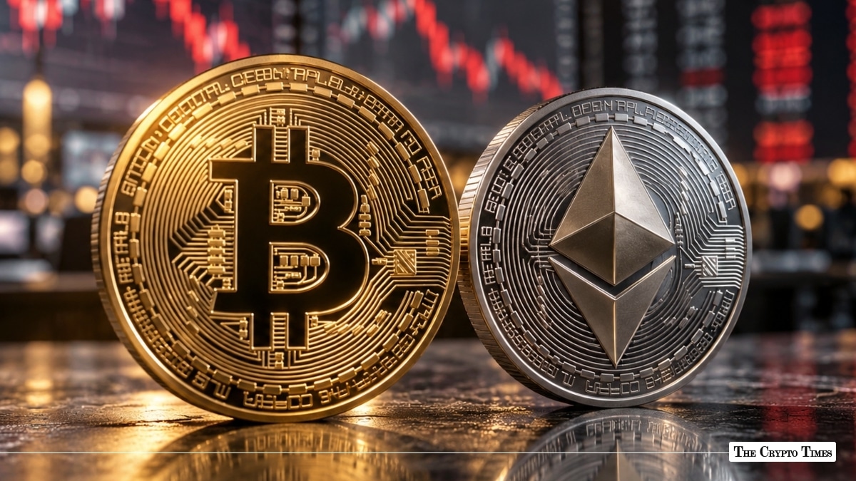 Physical gold Bitcoin (BTC) and silver Ethereum (ETH) coins standing side by side against a financial chart background