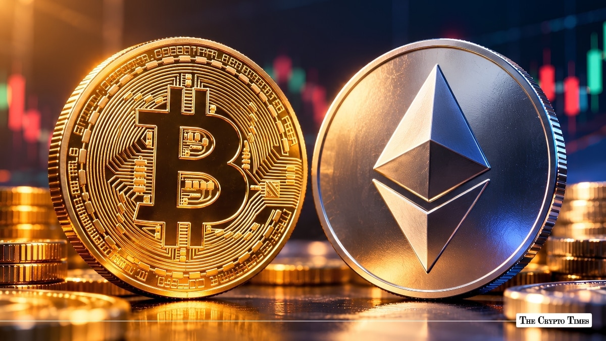 Physical gold Bitcoin coin and silver Ethereum coin placed side by side.