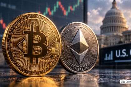 Bitcoin and Ethereum coins framed by a U.S. CPI indicator and the Capitol building