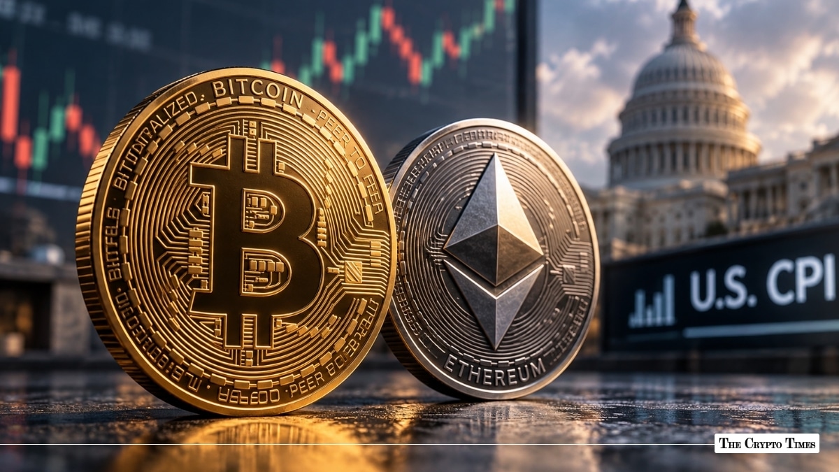 Bitcoin and Ethereum coins framed by a U.S. CPI indicator and the Capitol building