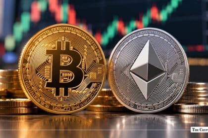 Physical Bitcoin and Ethereum coins standing side-by-side in front of financial market candlestick charts.