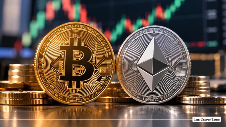 Physical Bitcoin and Ethereum coins standing side-by-side in front of financial market candlestick charts.