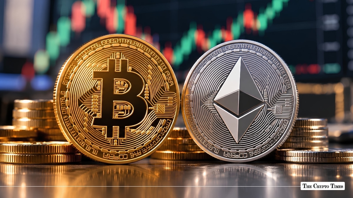 Physical Bitcoin and Ethereum coins standing side-by-side in front of financial market candlestick charts.