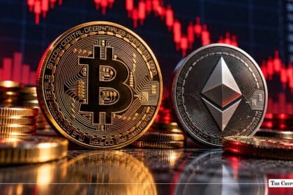 Physical Bitcoin and Ethereum coins standing against a red declining financial chart.