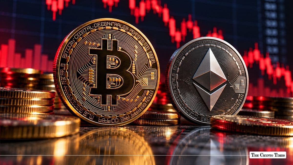 Physical Bitcoin and Ethereum coins standing against a red declining financial chart.