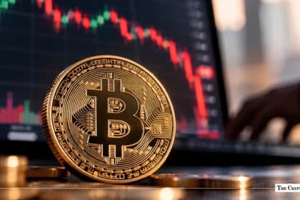 Physical Bitcoin coin resting in front of a laptop displaying a downward-trending red candlestick chart.