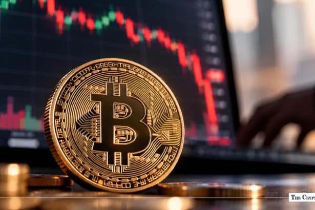 Physical Bitcoin coin resting in front of a laptop displaying a downward-trending red candlestick chart.
